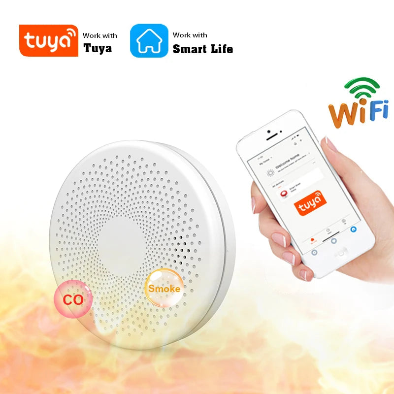 2 en 1 versión WiFi Tuya Smart Co & Detector de humo alarma monóxido de carbono salón cocina tienda fuego PIR Sensor de sonido alerta