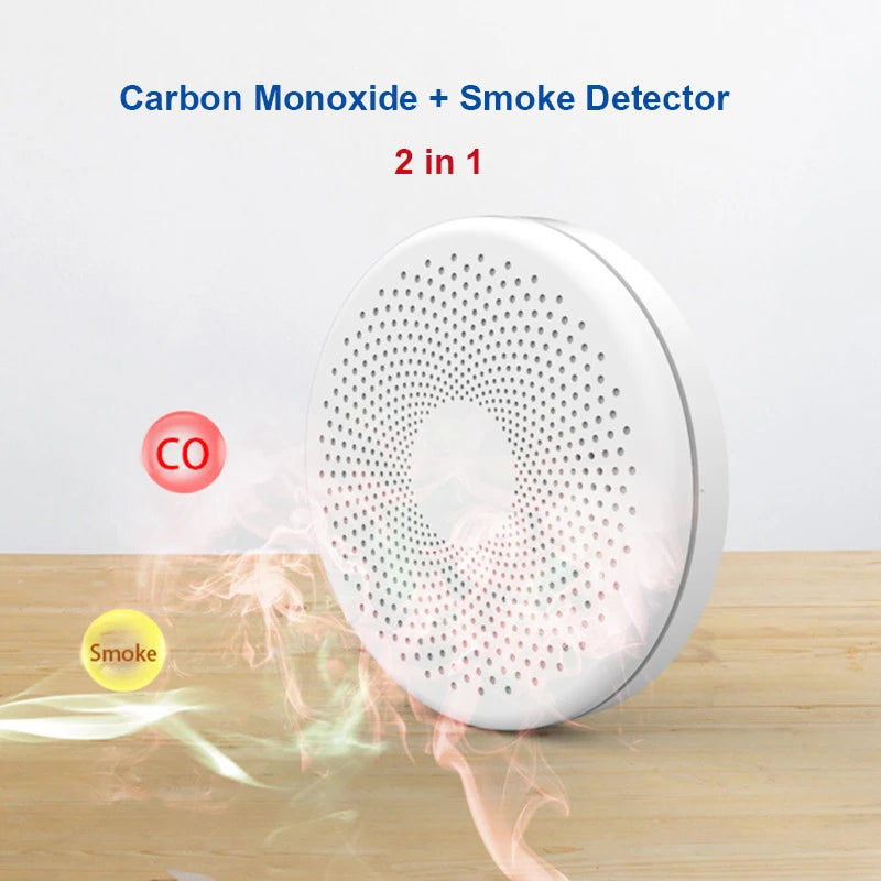 2 en 1 versión WiFi Tuya Smart Co & Detector de humo alarma monóxido de carbono salón cocina tienda fuego PIR Sensor de sonido alerta