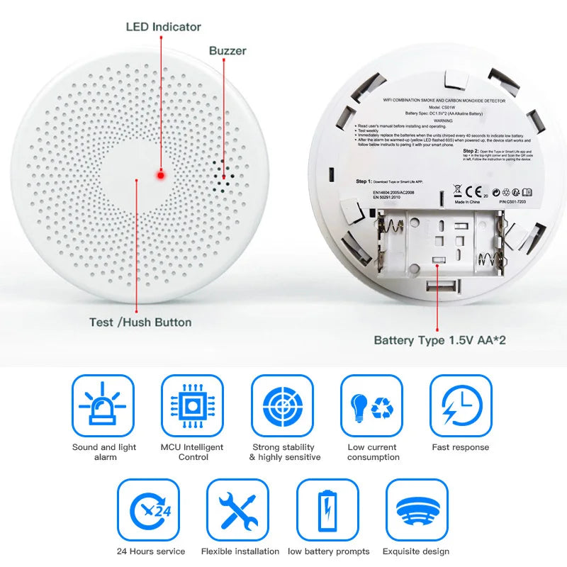 2 en 1 versión WiFi Tuya Smart Co & Detector de humo alarma monóxido de carbono salón cocina tienda fuego PIR Sensor de sonido alerta