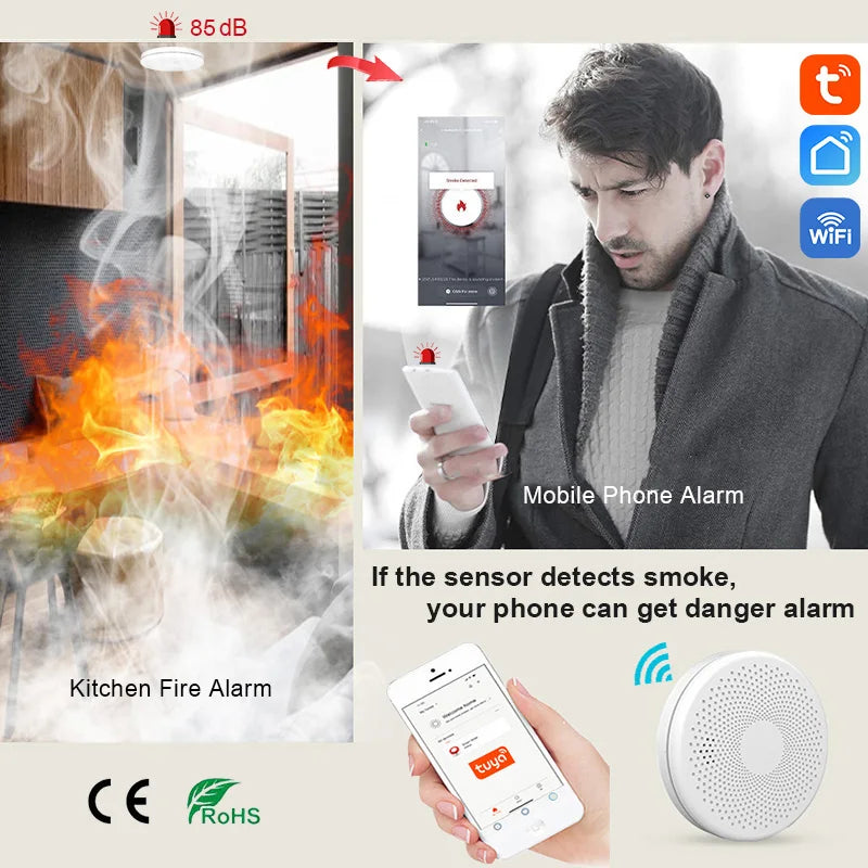 2 en 1 versión WiFi Tuya Smart Co & Detector de humo alarma monóxido de carbono salón cocina tienda fuego PIR Sensor de sonido alerta