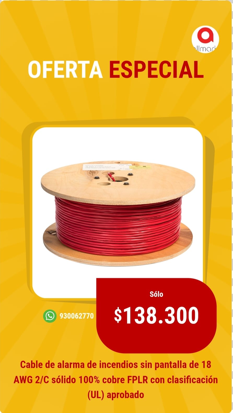 CABLE INCENDIO UL ROJO BDN 2X18 AWG S/P FPLR